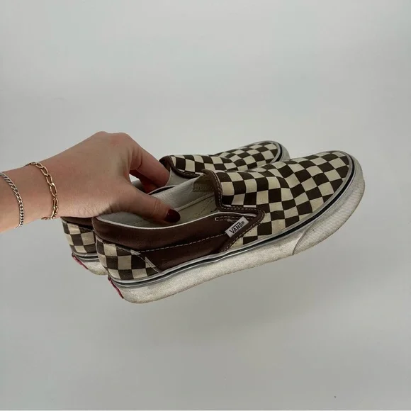 Vans Checkerboard White & Brown Slip-On Shoes Canvas Classic Skate Womens 6.5 - Picture 4 of 8